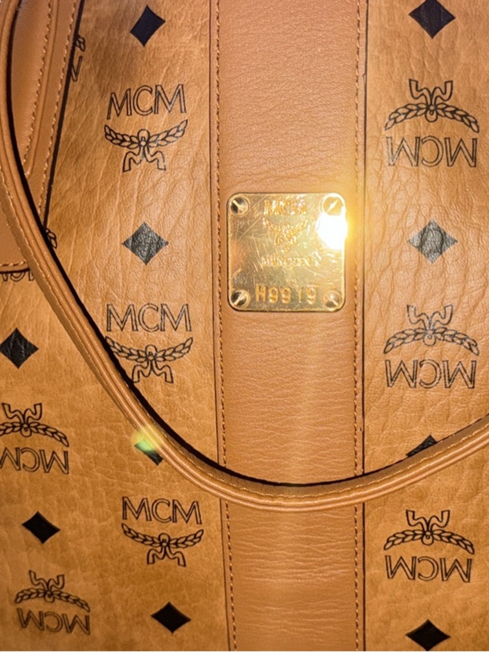 MCM Cognac Logo Visetos Tote with Gold Plate